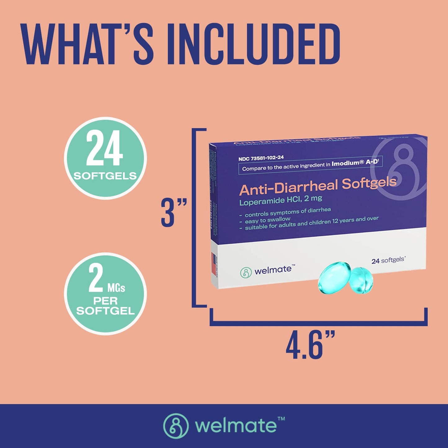 WELMATE Anti-Diarrheal Softgels 24 Count - Loperamide HCl 2 mg for Diarrhea Symptom Relief
