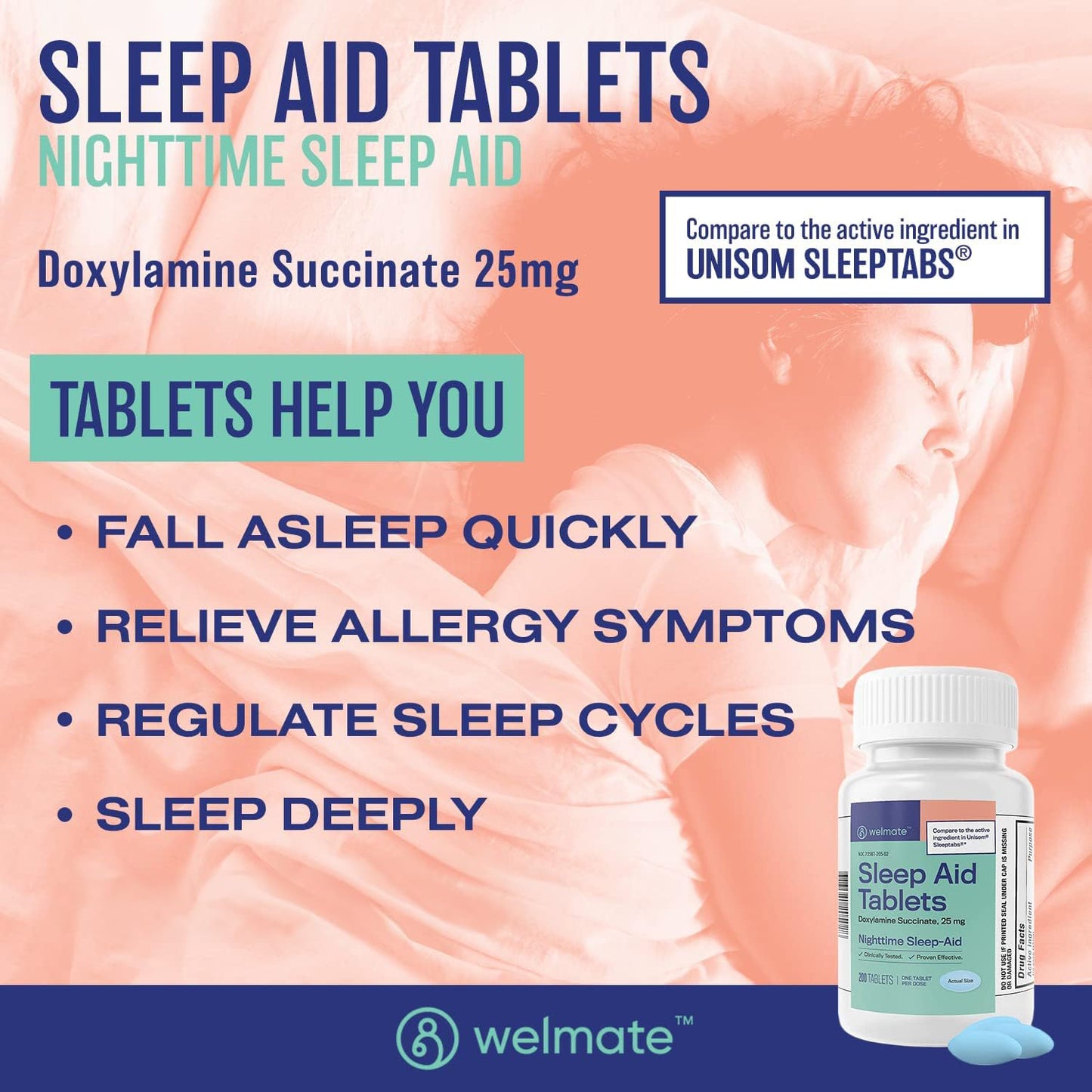WELMATE Nighttime Sleep Aid 25 mg Doxylamine Succinate – 200 Tablets | Adults & 12+