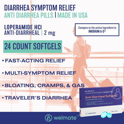 WELMATE Anti-Diarrheal Softgels 24 Count - Loperamide HCl 2 mg for Diarrhea Symptom Relief
