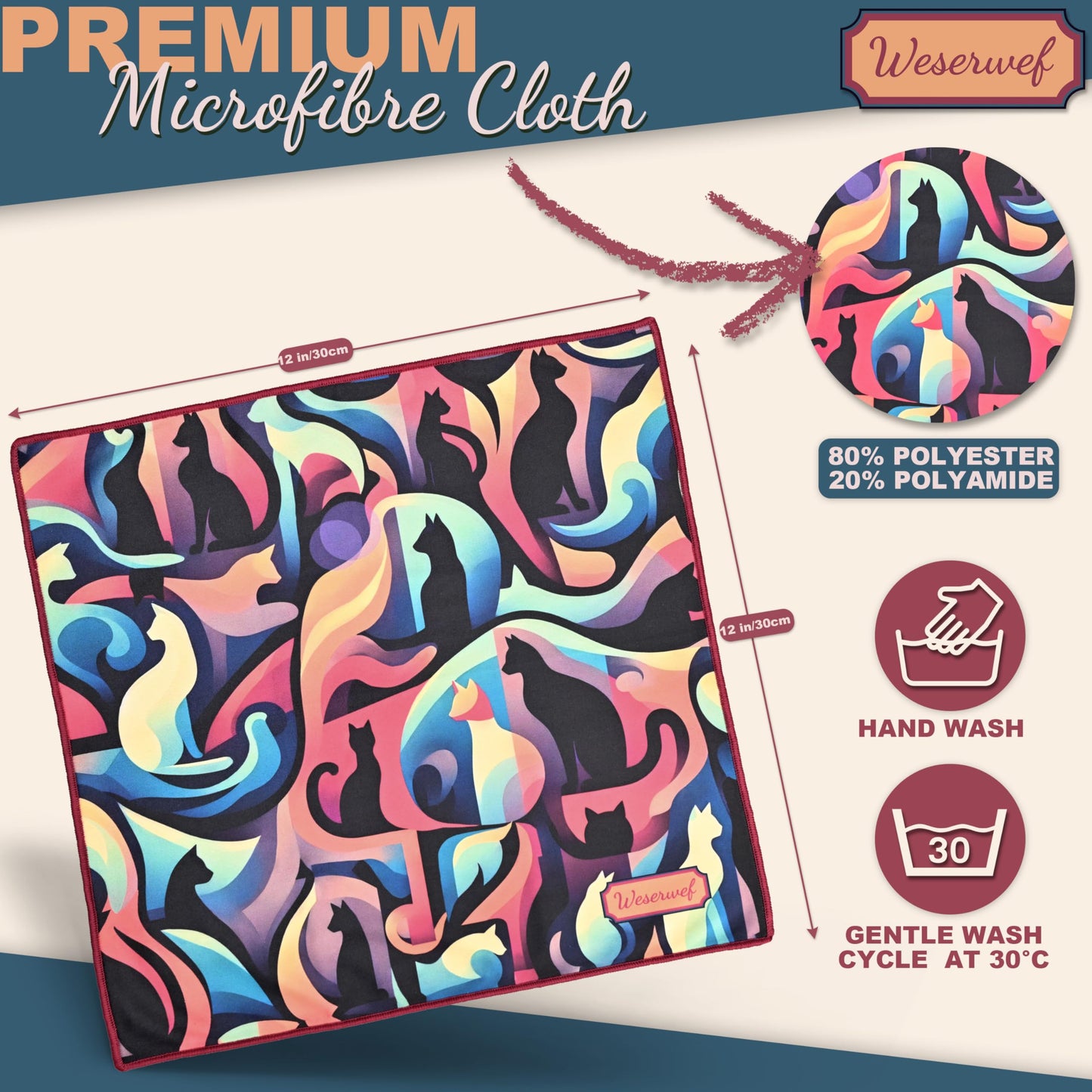 WESERWEF Design Microfiber Glasses Cleaning Cloth – 12x12, Ultra-Soft & Scratch-Free (Cats)