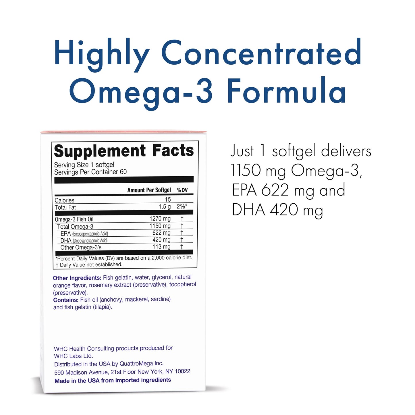 WHC UnoCardio X2 Fish Oil – 1270 mg Omega-3 (EPA 622 mg / DHA 420 mg), r-TG, 60 Softgels