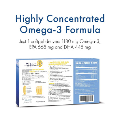 WHC UnoCardio 1000 Fish Oil — 1180 mg Omega-3 per Softgel, EPA 665 mg, DHA 445 mg, Vitamin D3 25 mcg, Orange, 60 Softgels