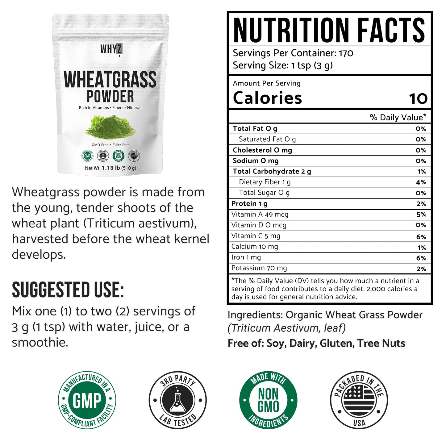 Wheatgrass Powder 100% Pure Whole-Leaf – Gluten Free, Non-GMO, Vegan | 510g