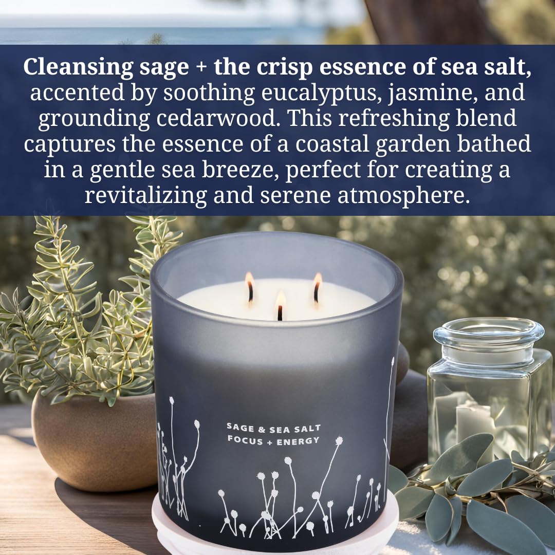 White Sage Sea Salt 3 Wick Candle – 14.5 oz Soy Candle for Cleansing & Aromatherapy