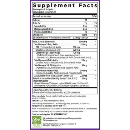 New Chapter Wholemega Fish Oil – 2000mg per Serving, Wild Alaskan Salmon Oil + Vitamin D3, 60 Softgels