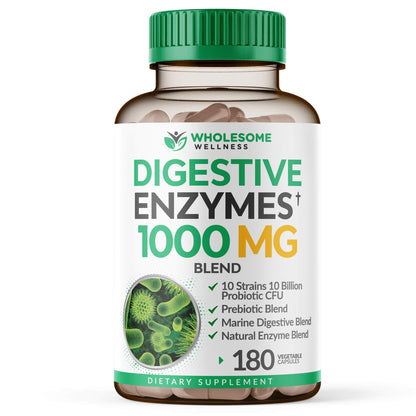 Wholesome Wellness Digestive Enzymes 1000MG + Prebiotics & Probiotics – 180 Capsules, Vegan