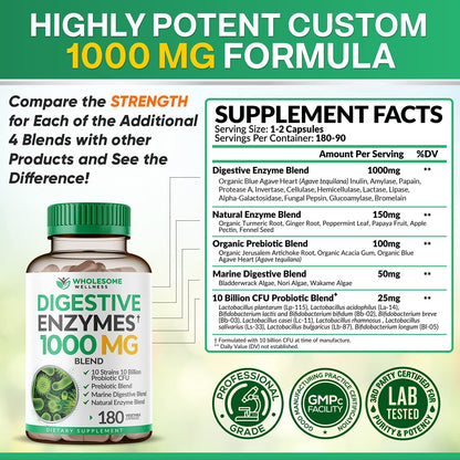 Wholesome Wellness Digestive Enzymes 1000MG + Prebiotics & Probiotics – 180 Capsules, Vegan