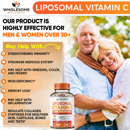 Wholesome Wellness Liposomal Vitamin C - 200 Capsules, 1500mg | High Absorption