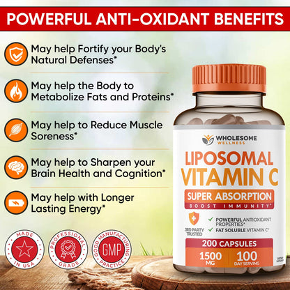 Wholesome Wellness Liposomal Vitamin C - 200 Capsules, 1500mg | High Absorption