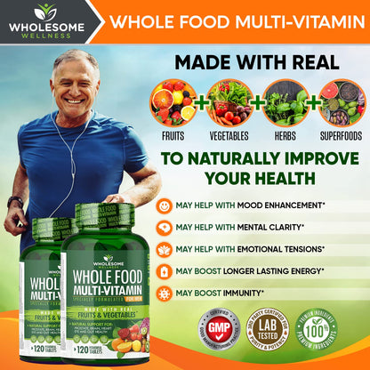 Wholesome Wellness Whole Food Multivitamin for Men – Vegan, Non-GMO, 120 Tablets