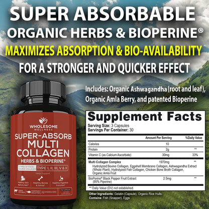 Wholesome Wellness Multi-Collagen Pills – 5 Types I-V, Organic Herbs