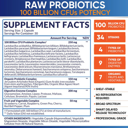 Wholesome Wellness Organic Raw Probiotics – 100B CFU, 30 Caps