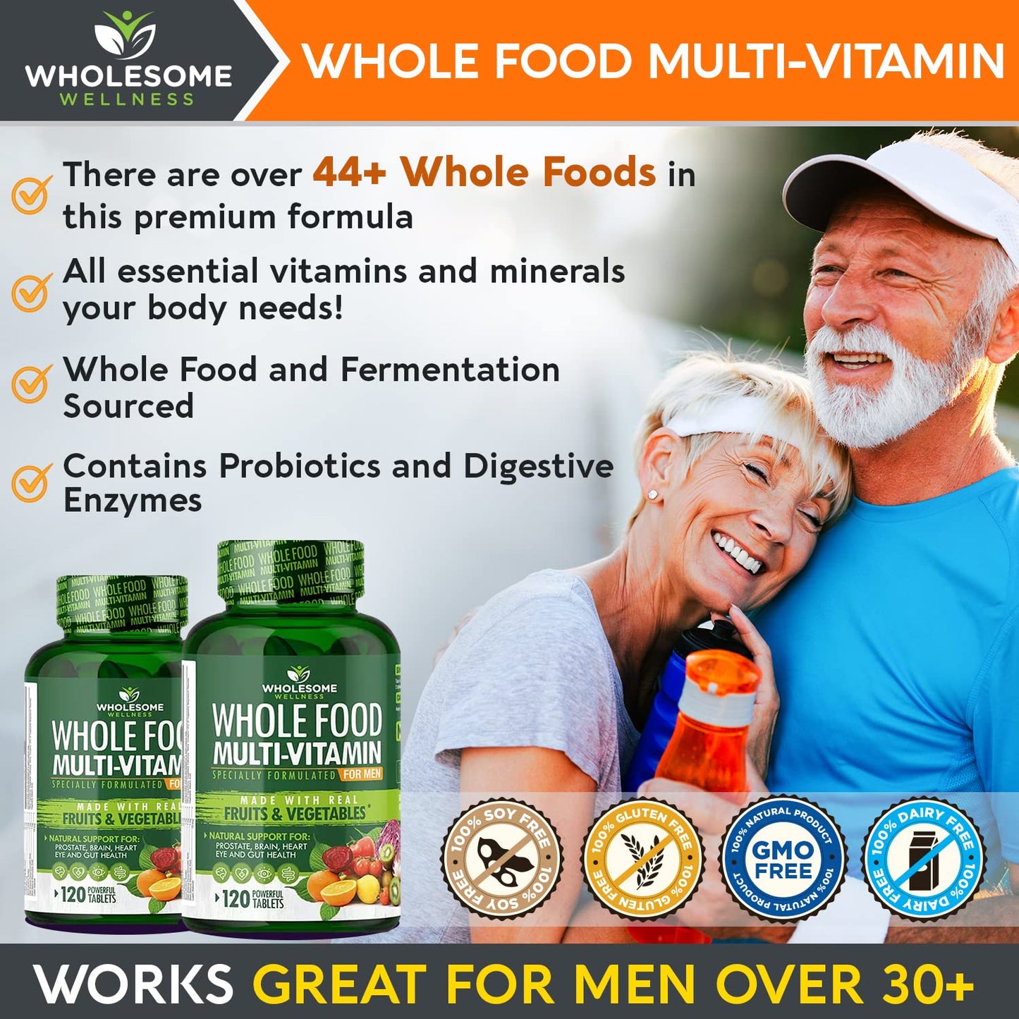 Wholesome Wellness Whole Food Multivitamin for Men – Vegan, Non-GMO, 120 Tablets