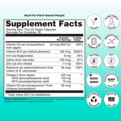 Wholier Plant Based Multivitamin – Vegan Omega-3 DHA/EPA, D3, B12, Zinc, K2, Iron, Iodine, Selenium | 60 Count Glass Bottle