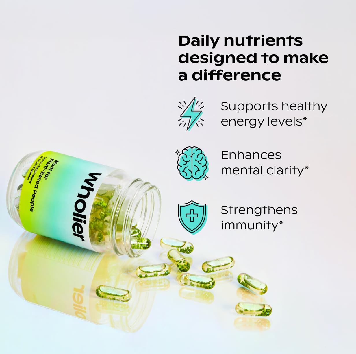Wholier Plant Based Multivitamin – Vegan Omega-3 DHA/EPA, D3, B12, Zinc, K2, Iron, Iodine, Selenium | 60 Count Glass Bottle