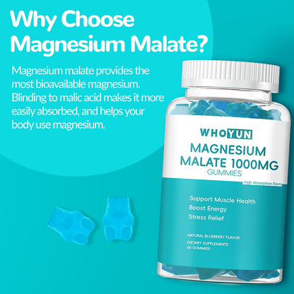 Whoyun Magnesium Malate Gummies 1000mg | Enhanced Absorption, Energy & Muscle Health | 60 Count