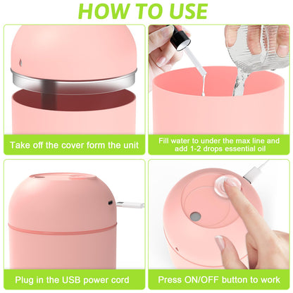 220ml Mini Essential Oil Diffuser for Desk - Pink | Auto-Off, Night Light, Quiet Humidifier