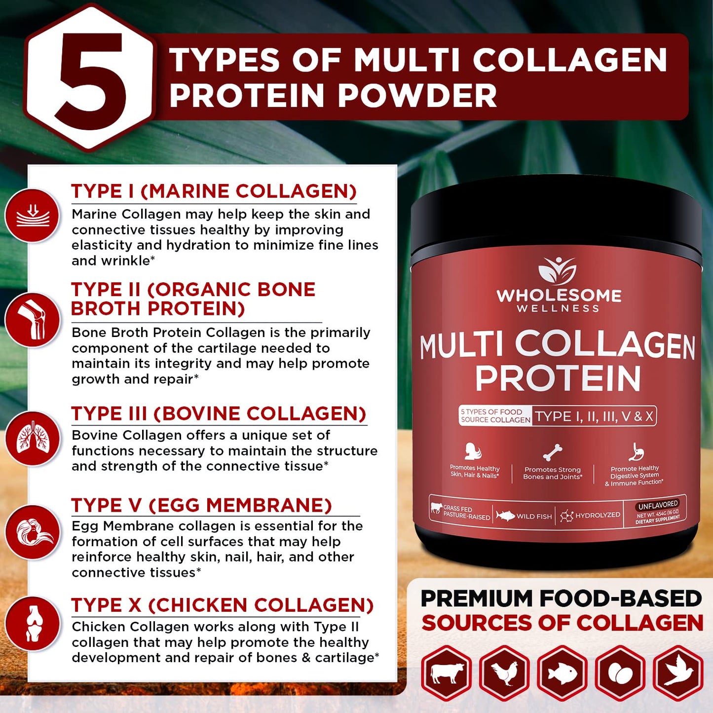 Wholesome Wellness Multi Collagen Powder – Grass-Fed Type I II III V X