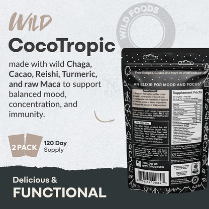 Wild Cocotropic Organic Mushroom Cocoa Mix - Sugar Free, Keto & Paleo (2x16oz)
