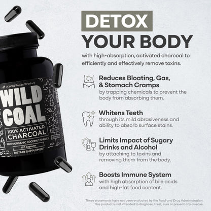 Wild Foods Activated Charcoal Capsules – 120 Capsules (Two Bottles) | Organic Coconut Shells | Lab Tested & Non-GMO | Detox & Bloating Relief | USA