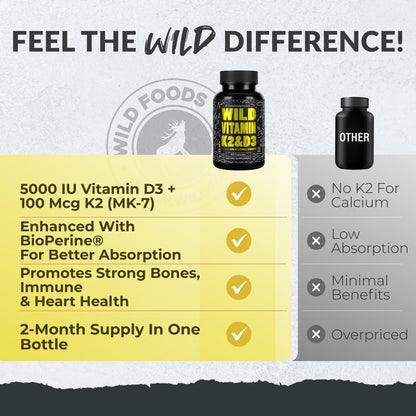 Wild Foods 5000 IU Vitamin D3 + K2 MK-7 | Plant-Based, Non-GMO