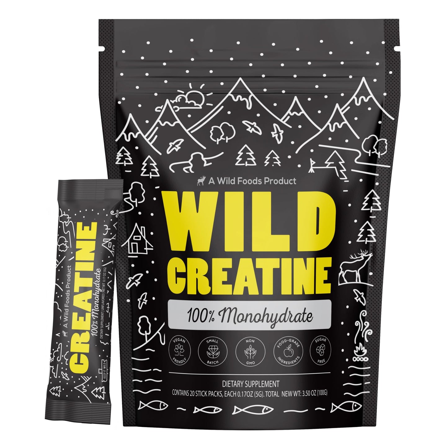 Wild Foods 100% Creatine Monohydrate Packets – 20 Packets, 5g per Serving, USA Made