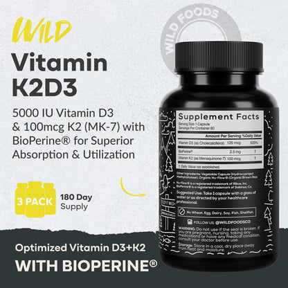 Wild Foods 5000 IU Vitamin D3 + K2 MK-7 | Plant-Based, Non-GMO
