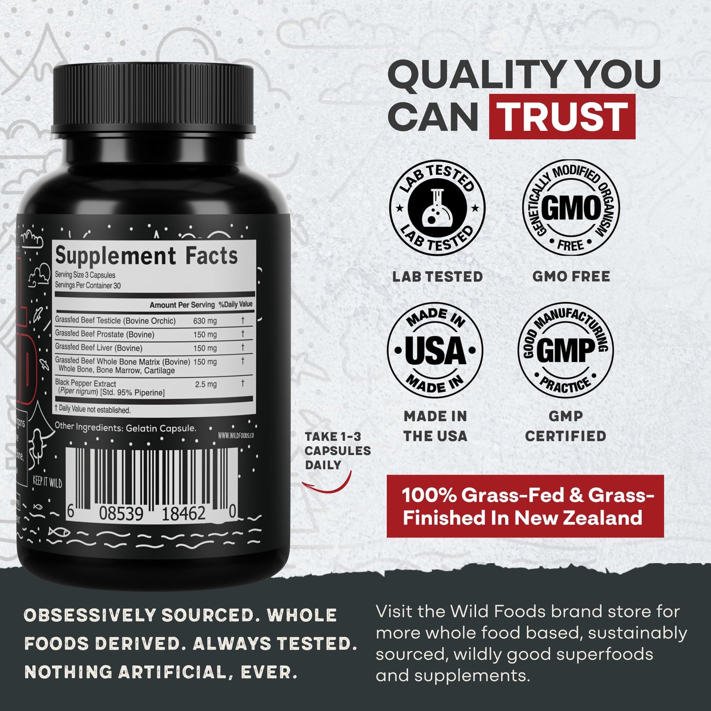 Wild Foods Men's Vitality Formula – Grass-Fed Bovine Organ Meat Capsules (Beef Liver, Testicle, Prostate & Bone) – 30-Day Supply