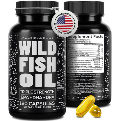 Wild Foods Omega-3 Fish Oil Supplement 120 Capsules (2 pk) – Burpless, Odorless, Non-GMO | DPA, DHA, EPA Triple Strength