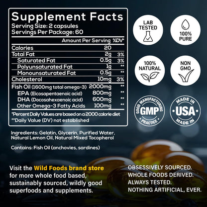 Wild Foods Omega-3 Fish Oil Supplement 120 Capsules (2 pk) – Burpless, Odorless, Non-GMO | DPA, DHA, EPA Triple Strength