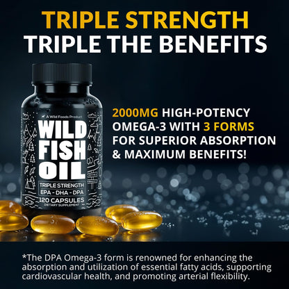 Wild Foods Omega-3 Fish Oil Supplement 120 Capsules (2 pk) – Burpless, Odorless, Non-GMO | DPA, DHA, EPA Triple Strength