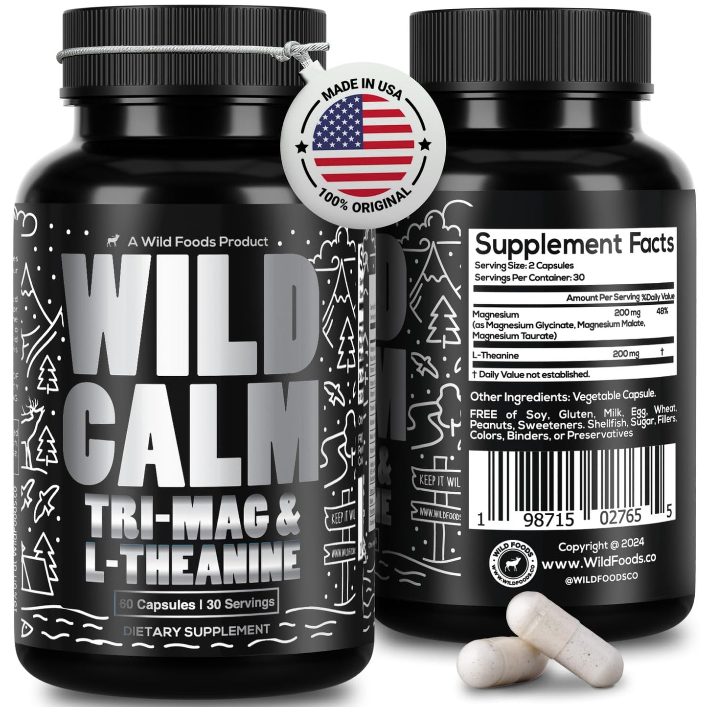 Wild Foods Tri-Mag & L-Theanine – Triple Magnesium Complex for Sleep & Relaxation | 60 Veg Capsules