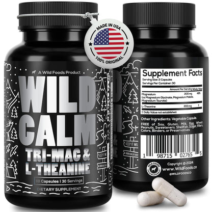 Wild Foods Tri-Mag & L-Theanine – Triple Magnesium Complex for Sleep & Relaxation | 60 Veg Capsules