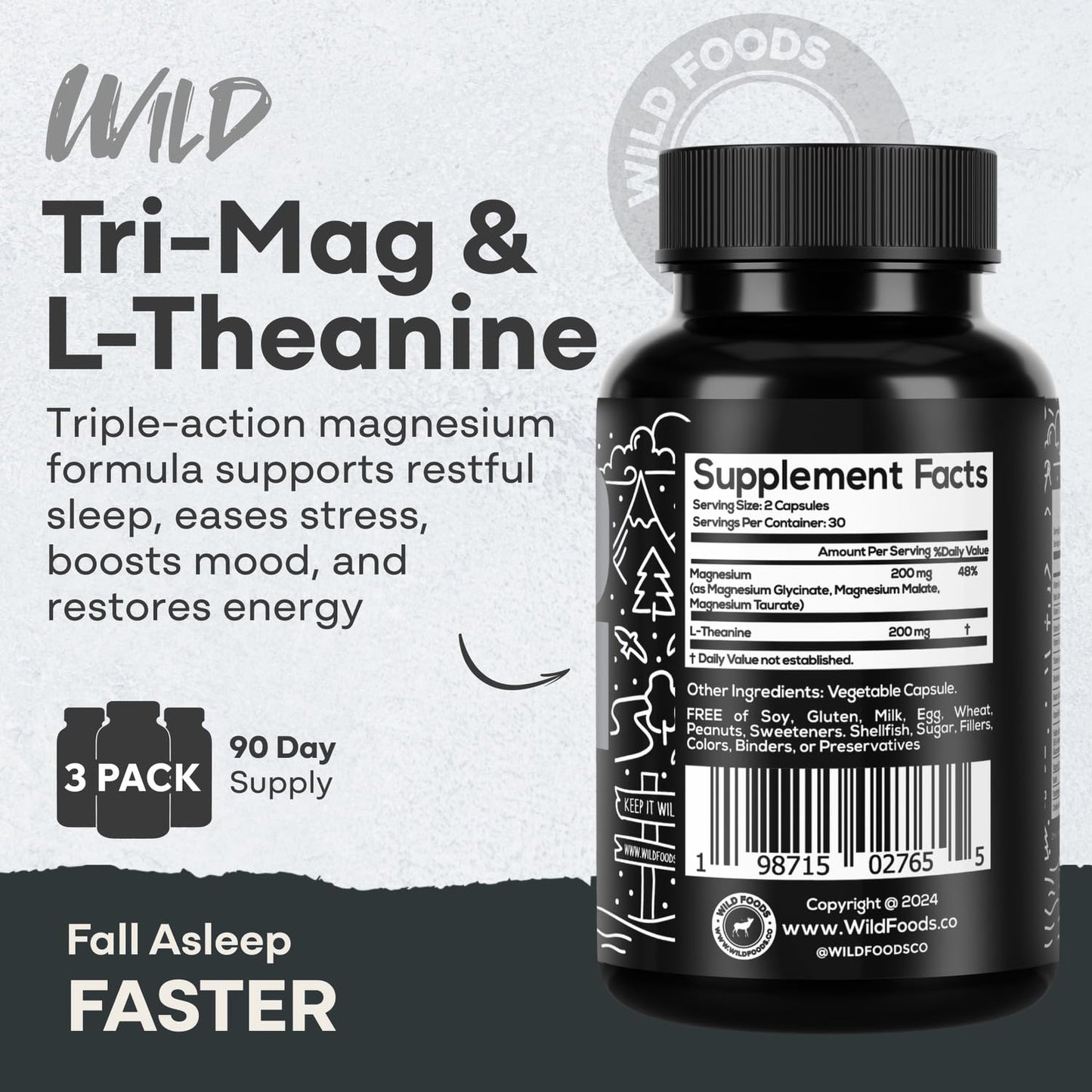 Wild Foods Tri-Mag & L-Theanine – Triple Magnesium Complex for Sleep & Relaxation | 60 Veg Capsules