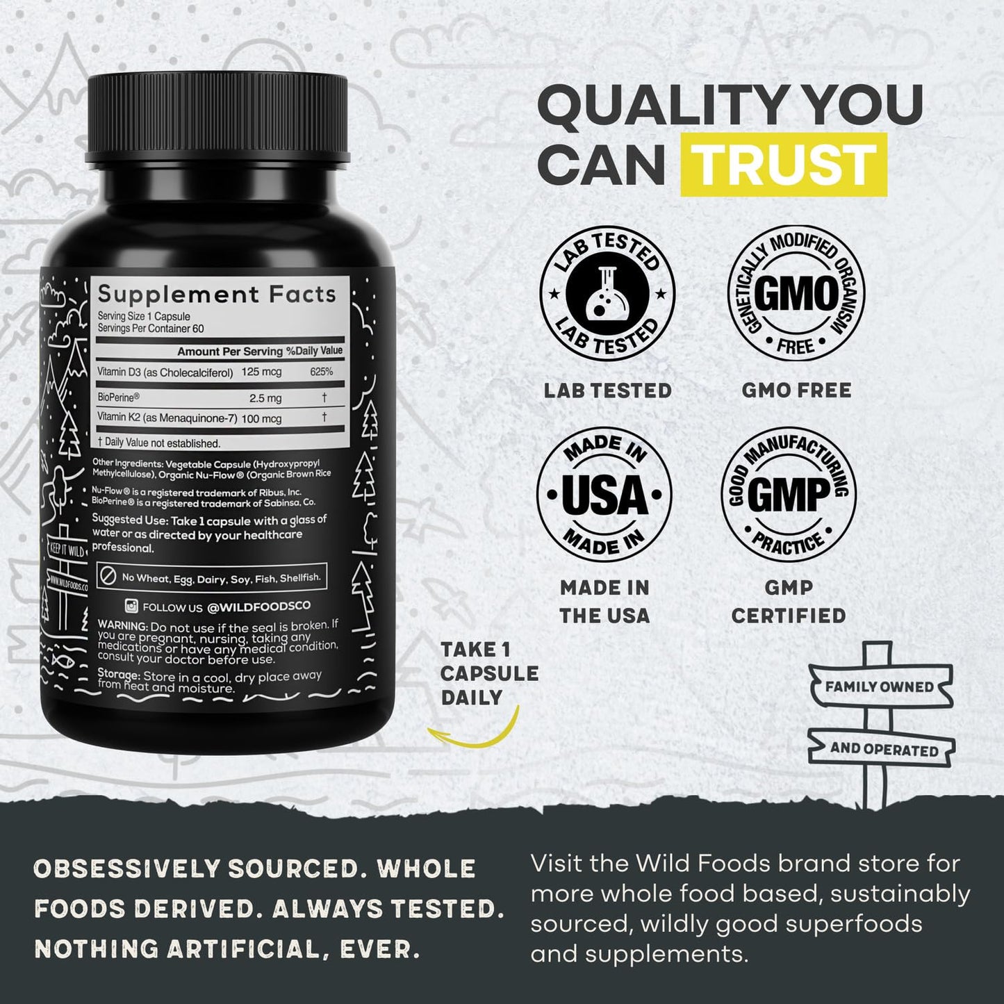 Wild Foods 5000 IU Vitamin D3 + K2 MK-7 | Plant-Based, Non-GMO