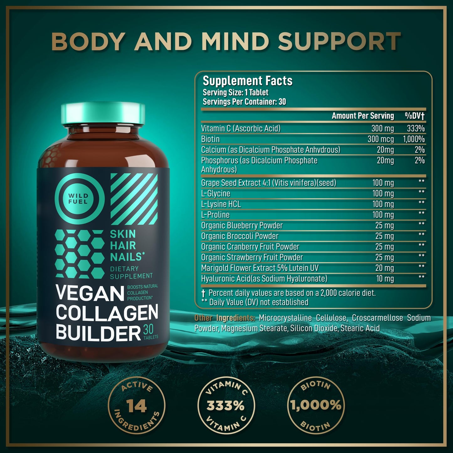 WILD FUEL Vegan Collagen Builder – Plant-Based Booster with Biotin (30 Tablets)