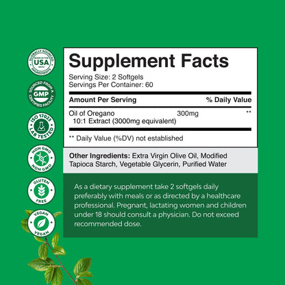 Wild Oregano Oil Softgels 70% Carvacrol | Digestive & Immune Support - 120 Ct