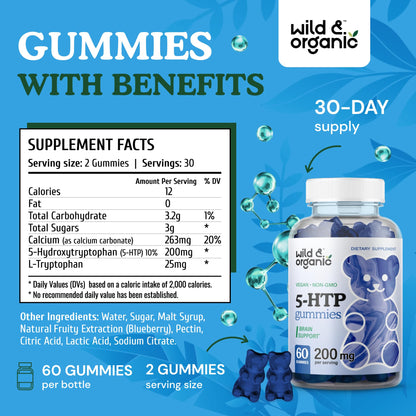 Wild & Organic 5-HTP Mood Gummies - 200mg L-Tryptophan | Vegan, Non-GMO, 60 Gummies