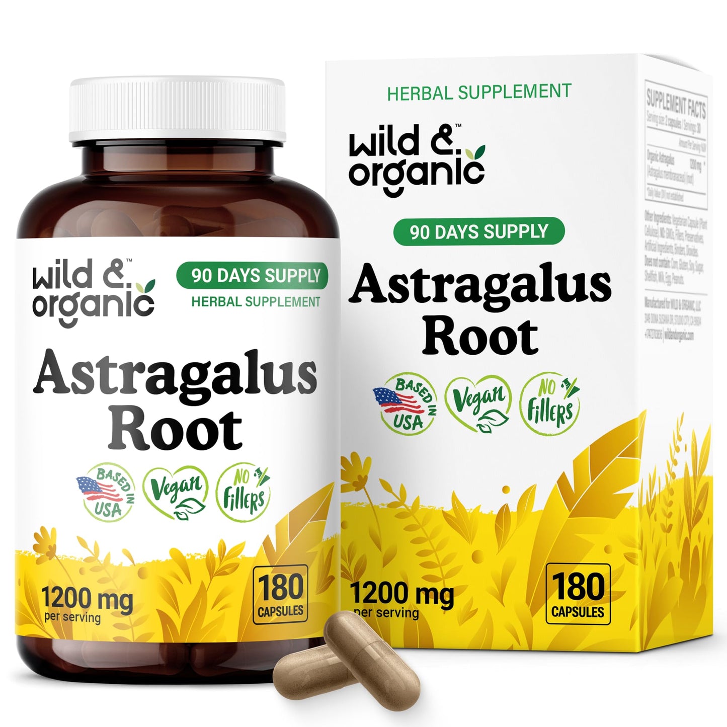 Wild & Organic Astragalus Capsules 1200 mg - Immune Support - Vegan, Non-GMO, No Fillers | 180 Count Pack of 1
