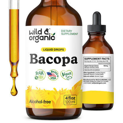 Wild & Organic Bacopa Liquid Drops – Brain Support Tincture, 4 fl oz, 5-Month Supply, Vegan, Sugar & Alcohol-Free
