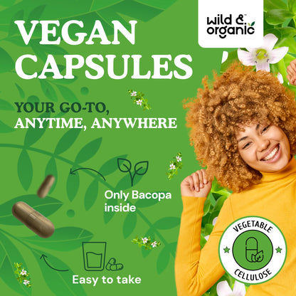 Wild & Organic Bacopa Monnieri 600 mg Capsules | Brain Support - Vegan, Non-GMO - 180 Count