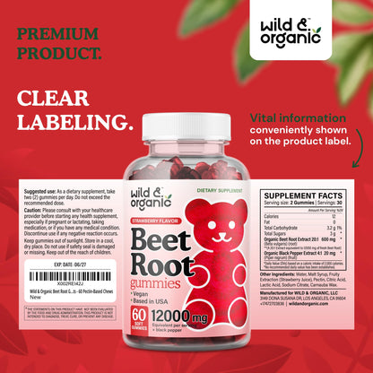 Wild & Organic Beet Root Gummies 12000 mg – 60-Count Pectin-Based Chews (Pack of 2)