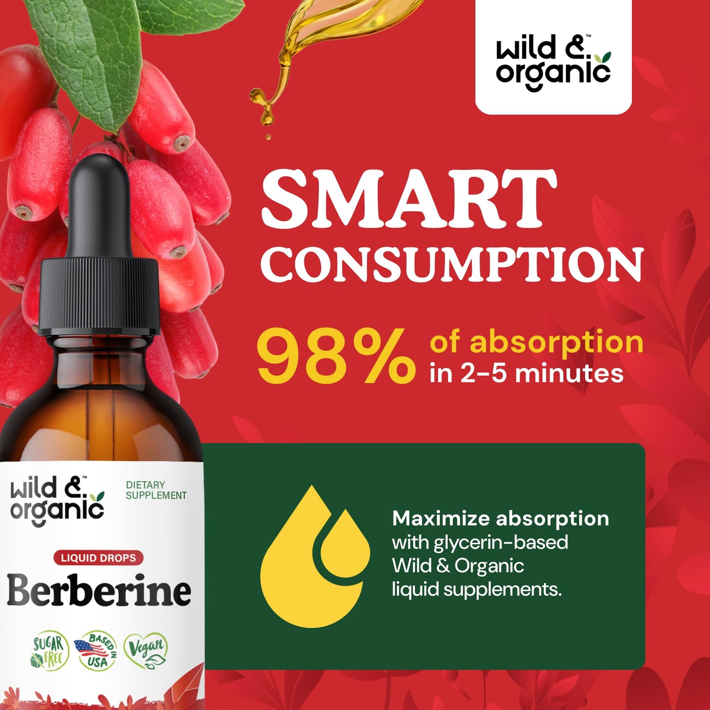 Wild & Organic Berberine Liquid Drops – 500mg Berberine Supplement HCL – Vegan, Alcohol-Free & Sugar-Free – 2 fl oz