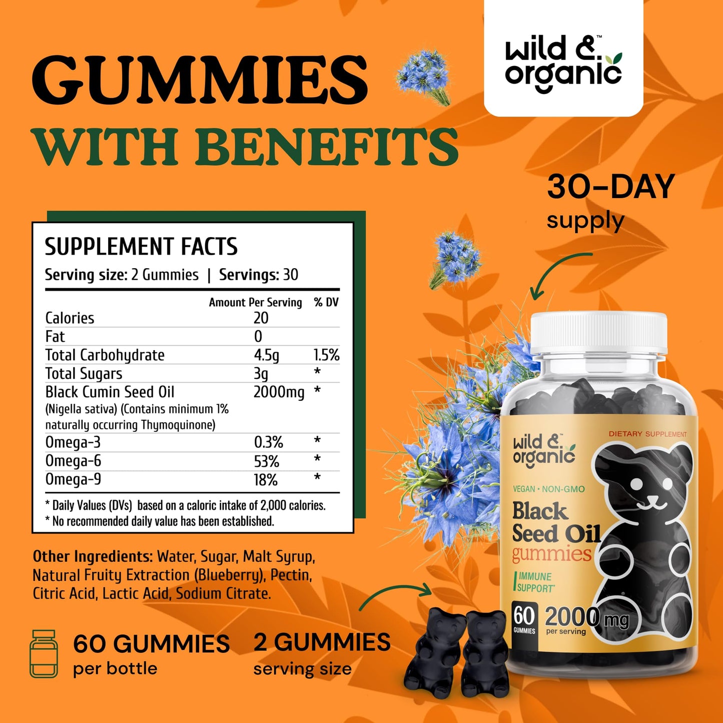 Wild & Organic Black Seed Oil Gummies 2000mg - Hair Skin & Nails Support | Vegan, Pectin-Based