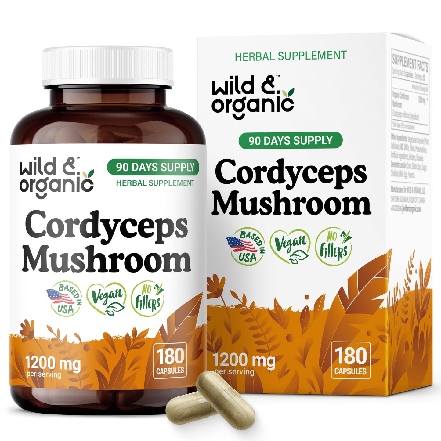 Wild & Organic Cordyceps Capsules 1200 mg – Immune Support, Pure Mycelium Extract, Vegan, Non-GMO | 180 Count