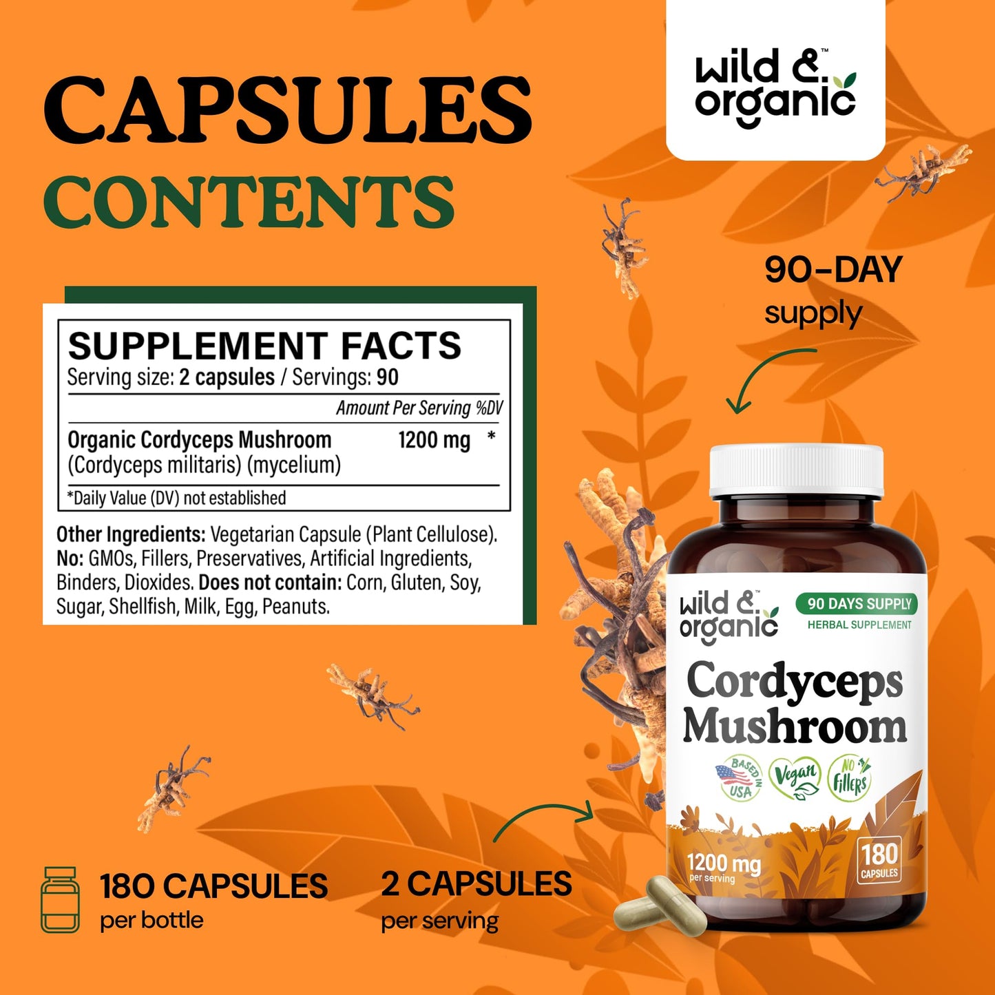 Wild & Organic Cordyceps Capsules 1200 mg – Immune Support, Pure Mycelium Extract, Vegan, Non-GMO | 180 Count