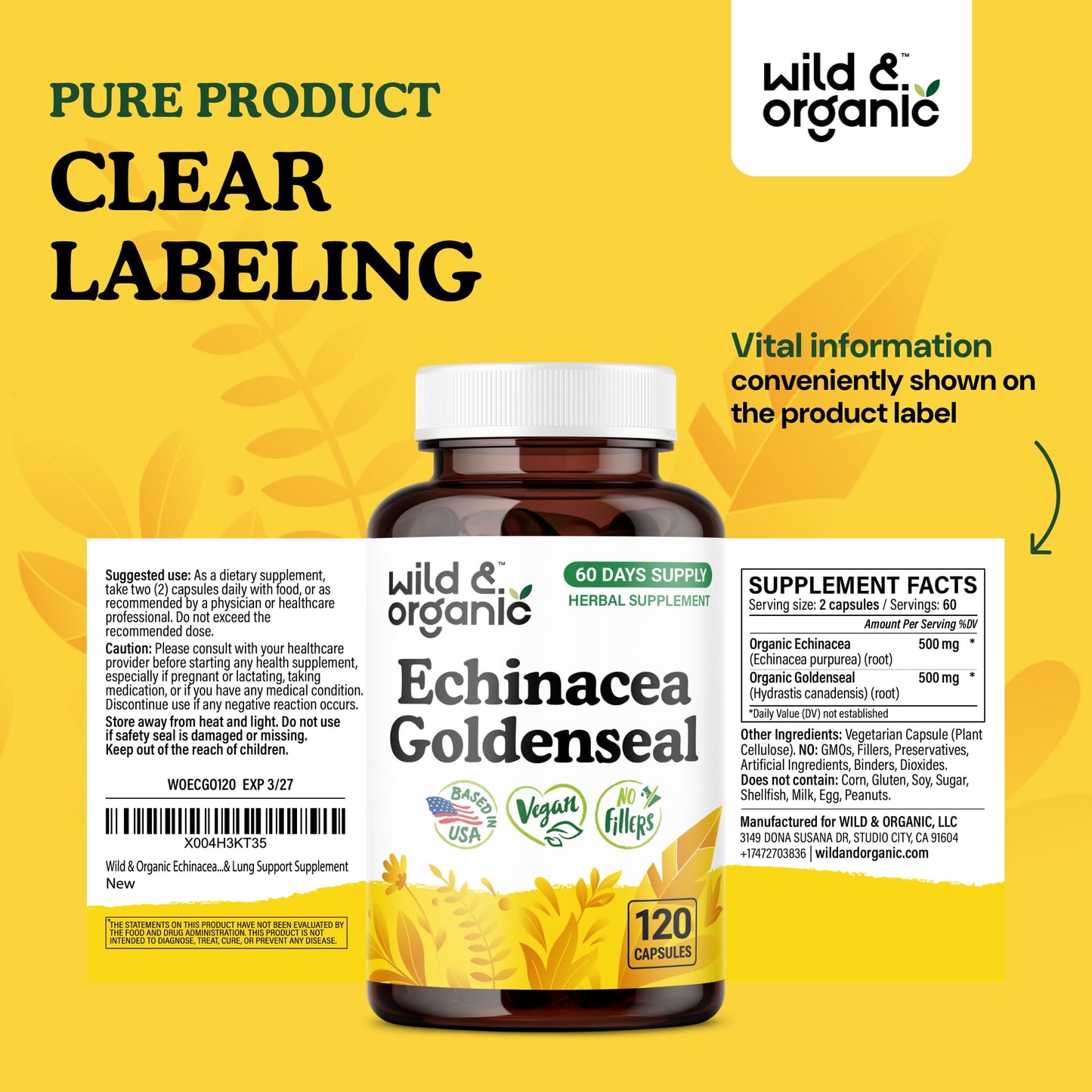 Wild & Organic Echinacea Goldenseal Capsules - Immune & Lung Support - 120 Count - Vegan, Non-GMO