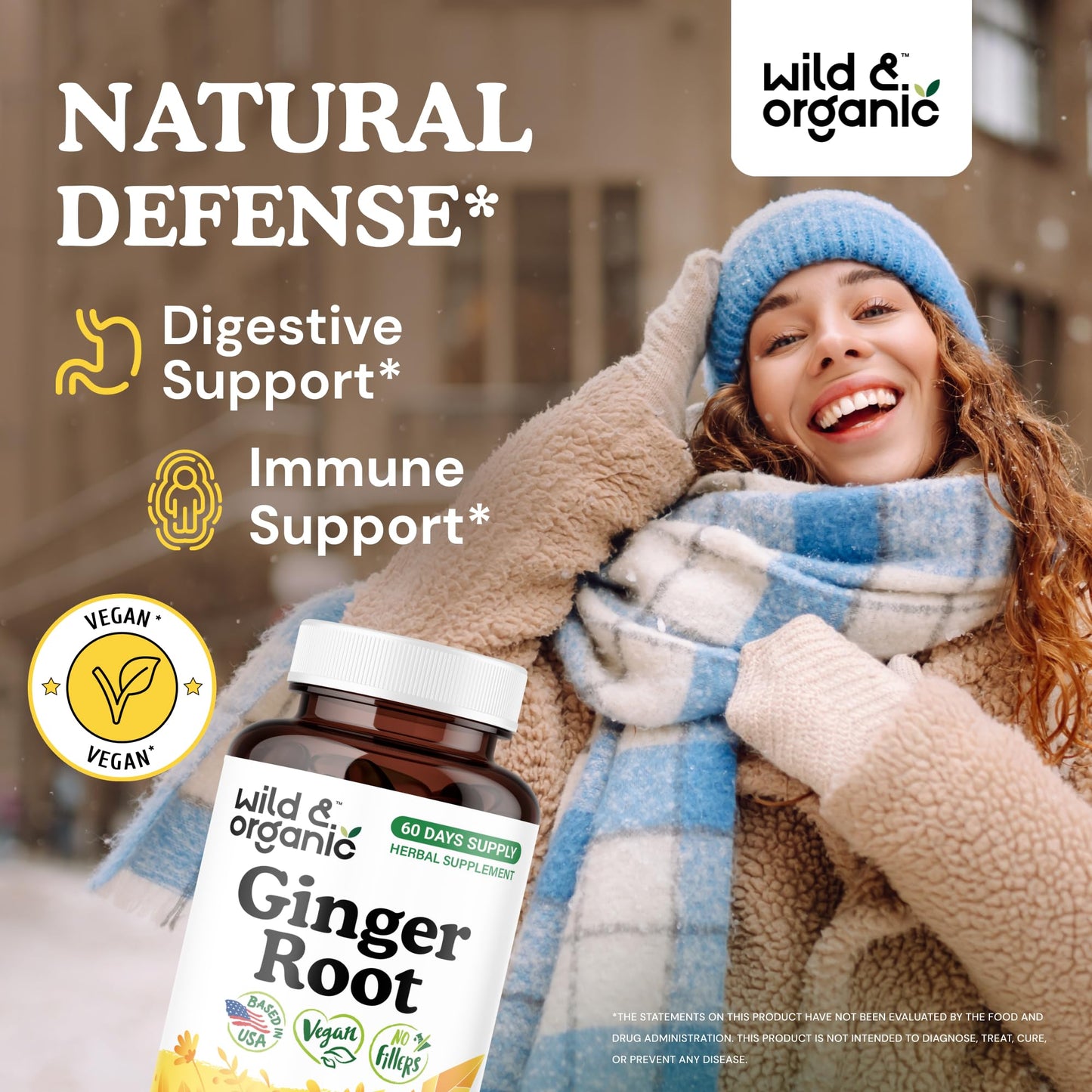 Wild & Organic Ginger Root Capsules 1200 mg – Immune & Digestive Support | 60-Day Supply | Vegan, Non-GMO