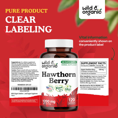 Wild & Organic Hawthorn Berry Capsules 1200 mg - 60-Day Vegan, Non-GMO | 120 Count