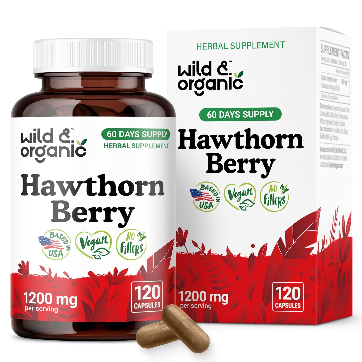 Wild & Organic Hawthorn Berry Capsules 1200 mg - 60-Day Vegan, Non-GMO | 120 Count